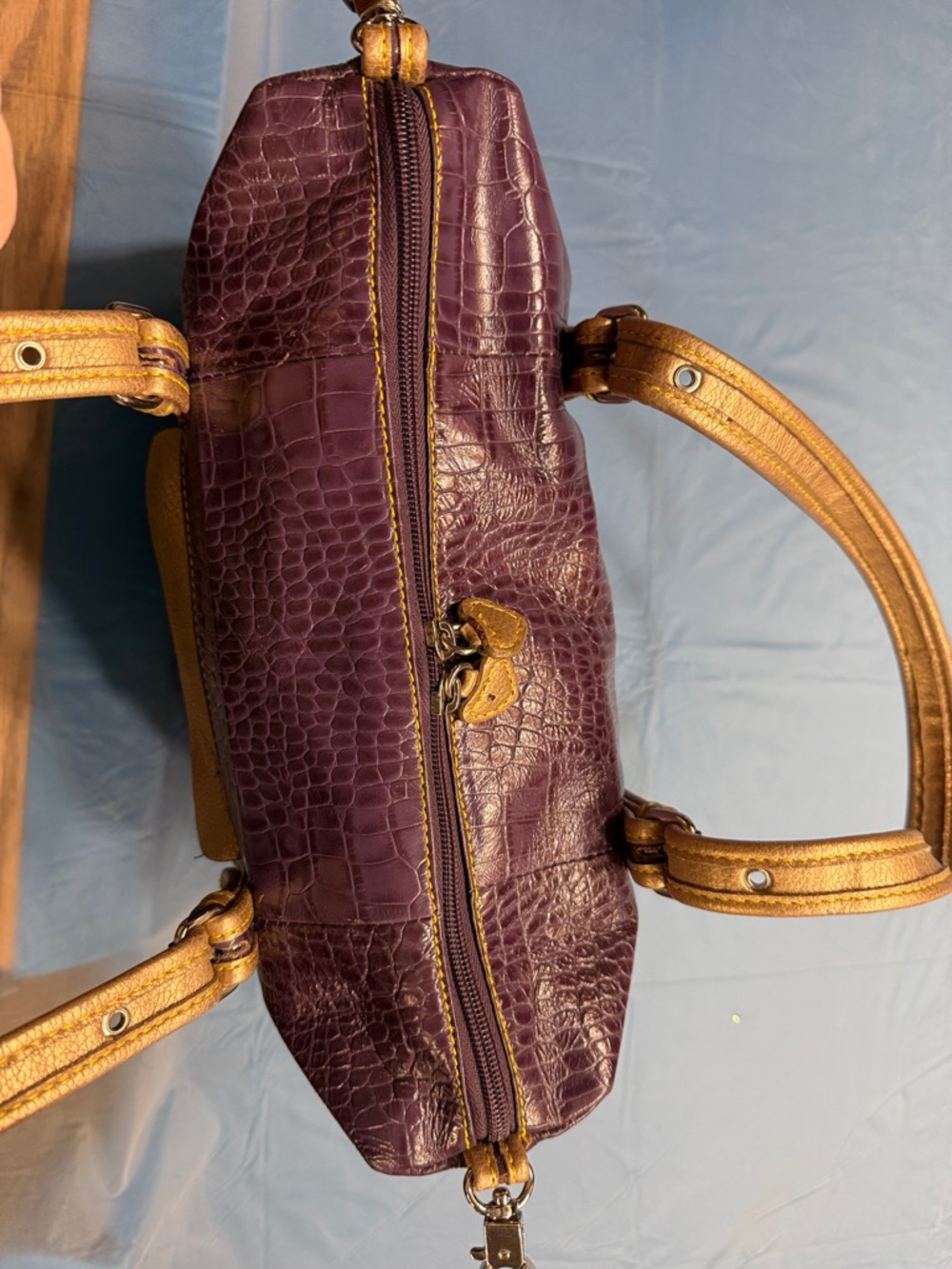 Sharif Purple Croc-Embossed Satchel with Gold Trim - Picture 16 of 16
